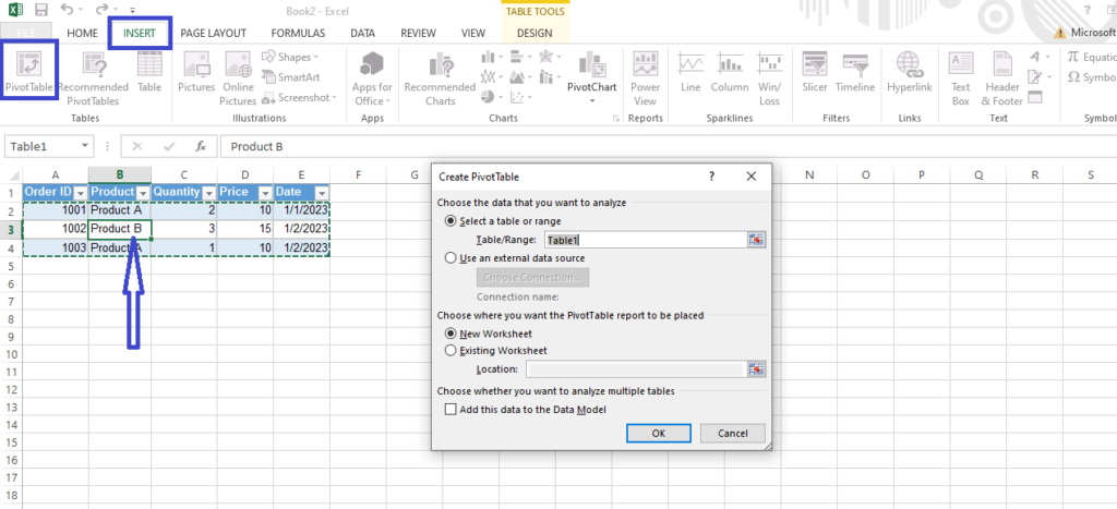 how to insert pivot table