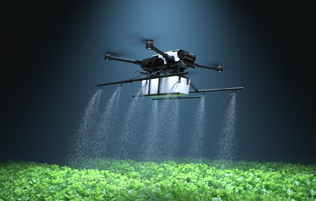 Drones and sensors used in precision farming to monitor crop health.