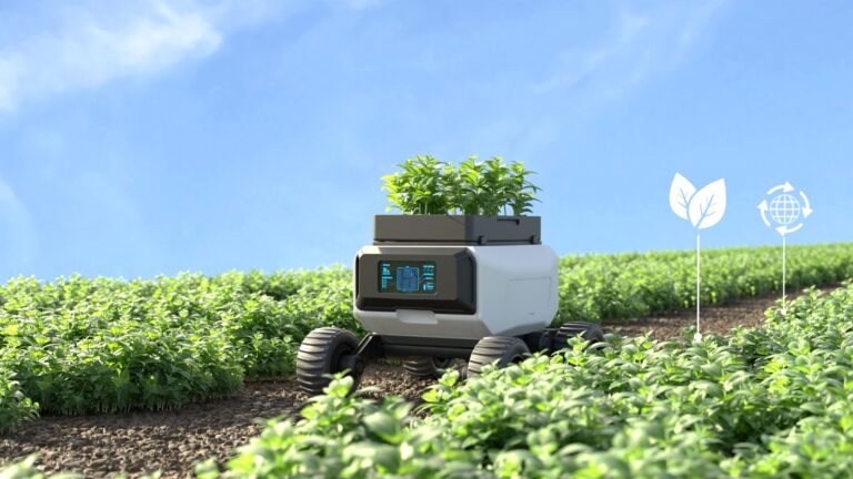 An image of AI-powered tractor monitoring a large agricultural field.