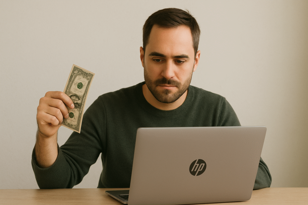 Young man working on HP laptop with a dollar bill in hand, showing how to make money online with AI in 2025 using low investment.