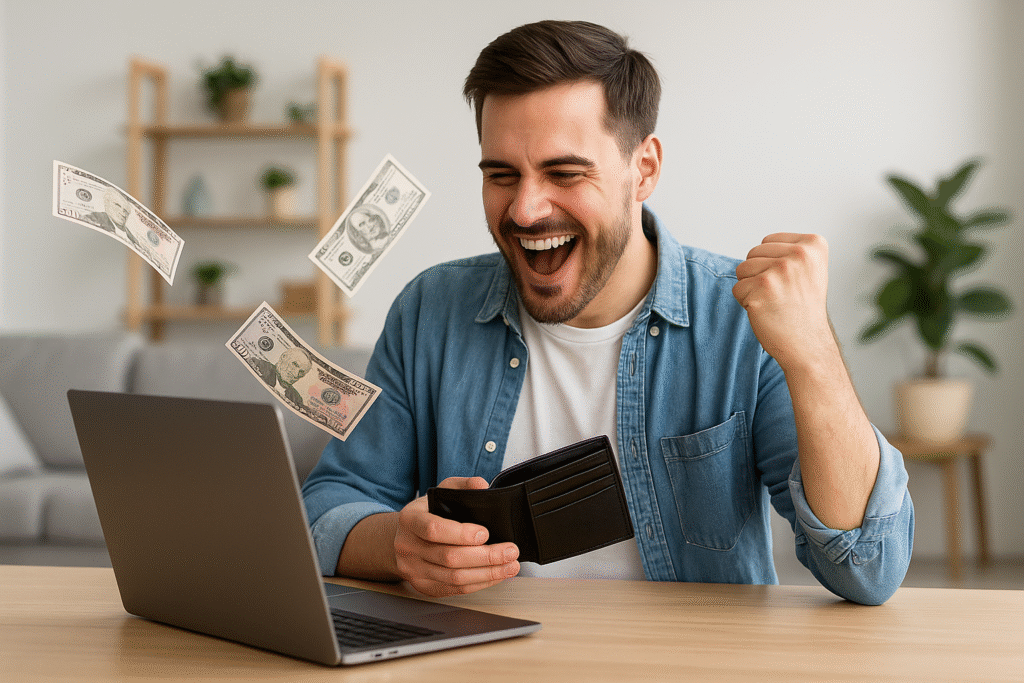 Happy man making money online with AI in 2025 while holding an open wallet in front of a laptop, representing success with zero investment.