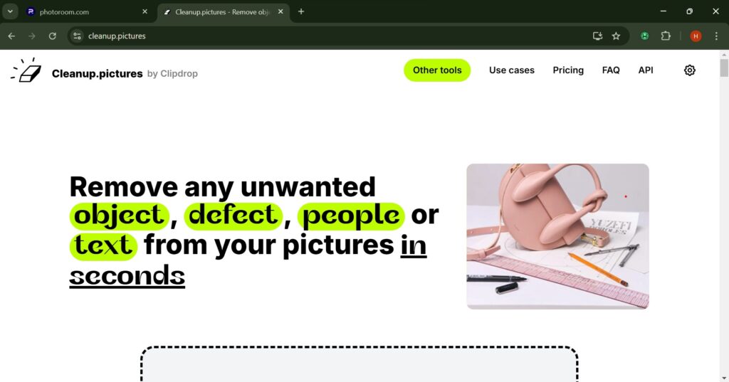Screenshot of Cleanup.pictures removing unwanted objects from a marketing image.