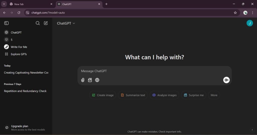 Screenshot of ChatGPT, a simple and free AI marketing tool for beginners, helping small businesses generate blogs and captions.