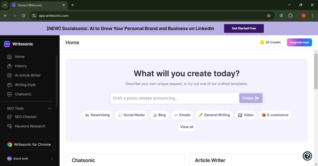 image of Writesonic generating social media posts and product descriptions for small businesses.