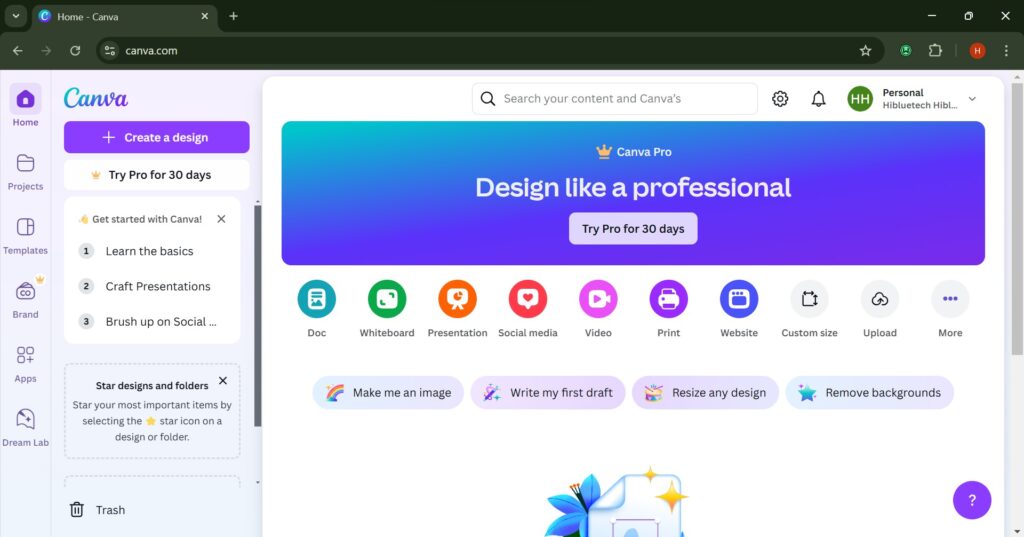Screenshot of Canva’s dashboard for creating social media graphics, logos, and professional visuals.