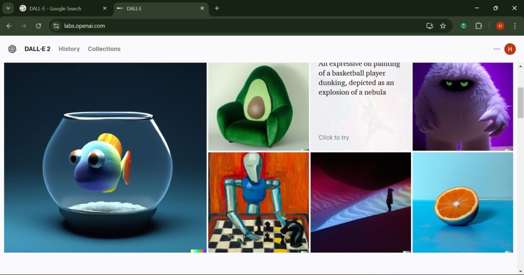 Screenshot of DALL-E generating unique images from a text prompt for creative marketing campaigns