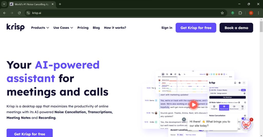 Screenshot of Krisp, an AI tool for beginners and small businesses to remove noise from marketing audio.