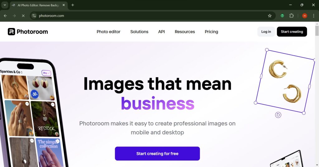Screenshot of PhotoRoom removing backgrounds from product images for sleek marketing visuals.