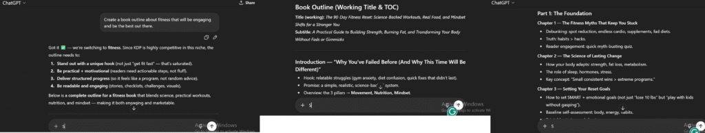 Screenshot showing the result of a vague AI prompt for book writing, where the outline about fitness is too generic and lacks depth or reader-focused structure.