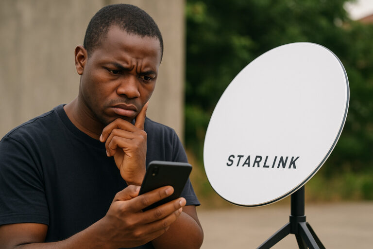 Starlink dish setup in rural Nigeria showing portable internet equipment