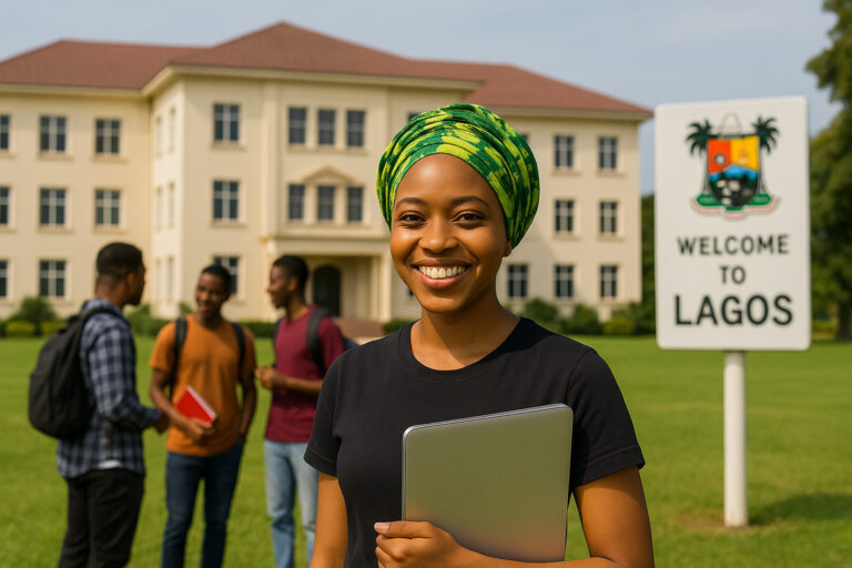 Student with a laptop in front of an affordable private university in Lagos offering cybersecurity programs