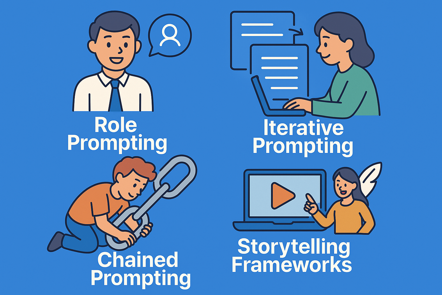 Infographic showing role prompting, iterative prompting, chained prompting, and storytelling frameworks for YouTube scripts