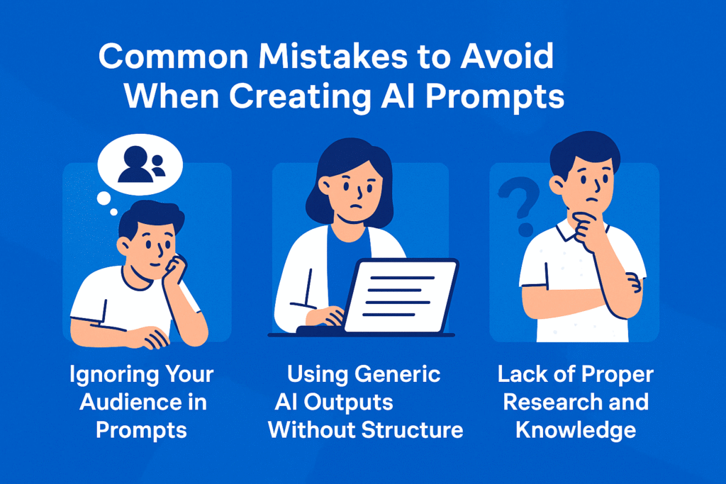 Visual list of common mistakes to avoid when creating AI prompts for YouTube script writing and content planning