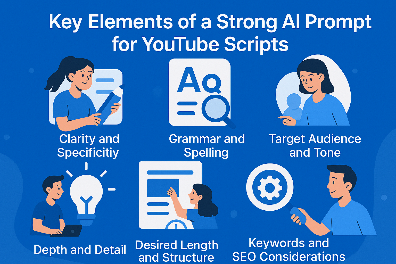Diagram showing key elements of writing strong AI prompts for effective YouTube script generation