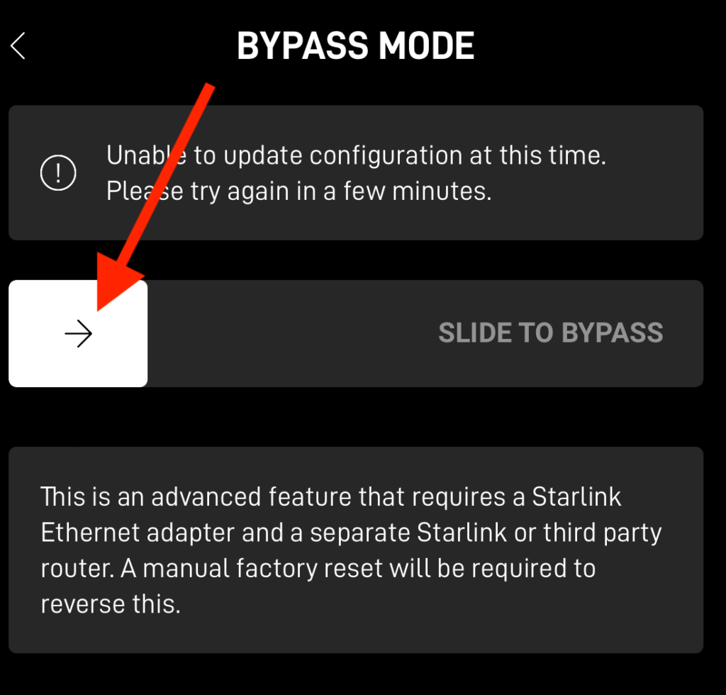 Starlink app screenshot showing Bypass Mode toggle to connect your own router