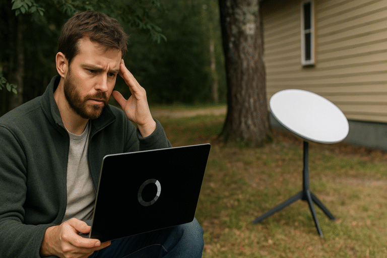 Man looking curious while using Starlink internet at home, illustrating the question: Why Is Starlink Slow?
