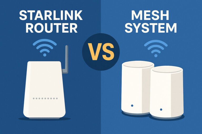 Side-by-side comparison of Starlink router vs mesh system setup in a modern home