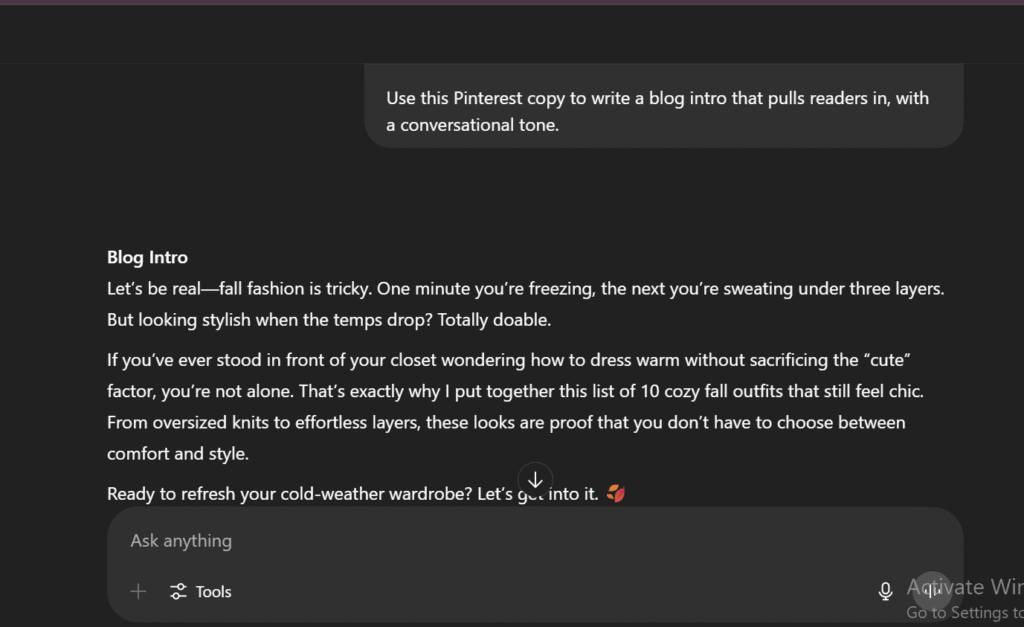 Blog intro example from How to Use ChatGPT to Write Pinterest Pins showing a conversational style rewrite to hook readers.