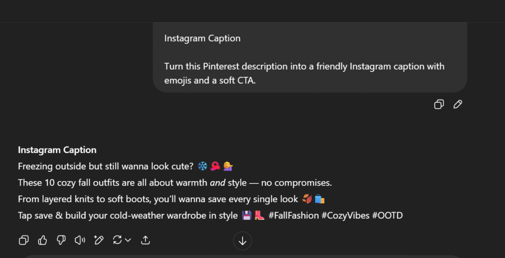 Real example from How to Use ChatGPT to Write Pinterest Pins showing a Pinterest description transformed into an Instagram caption with emojis and a soft CTA.