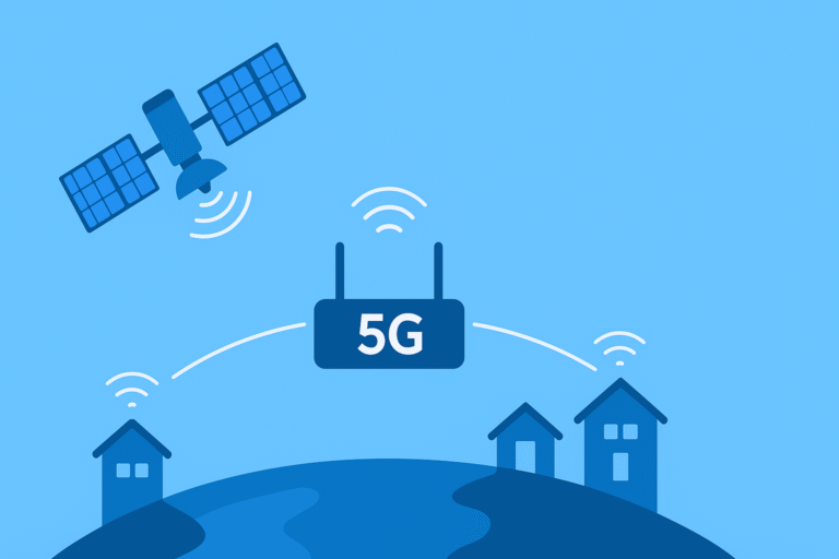 Best LTE/5G Dual-SIM Routers for Home & Small-Business Failover illustration showing 5G router connecting satellite to houses and businesses