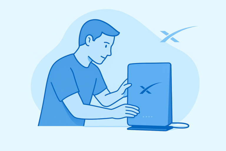 How to Re-Enable Bypass Mode on Starlink Router After Reset (Complete Guide) — illustration showing a person fixing and reconfiguring the Starlink router after factory reset.