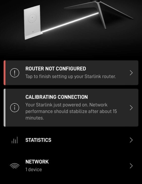 Starlink app showing “Router Not Configured” and “Calibrating Connection” errors after reset, troubleshooting Starlink bypass mode not working issue.