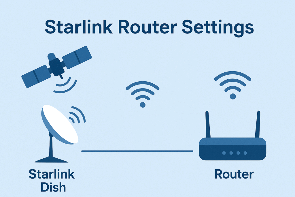 Diagram of Starlink Router Settings: How to Configure, Reset, and Fix Common Problems, showing the Starlink satellite, dish, and router connection flow.