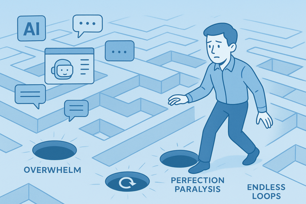 Stop AI overwhelm by avoiding common traps - person navigating AI interface maze with pitfall warnings