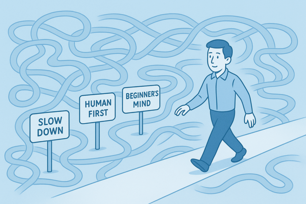 Stop AI overwhelm with clear principles - person walking straight path versus chaotic routes