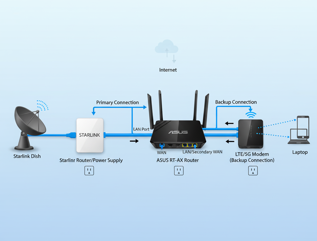 Starlink ASUS RT-AX failover setup diagram showing primary Starlink connection and LTE backup modem