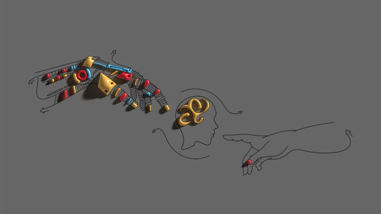 Stop AI overwhelm - robotic hand transferring AI tools to the human brain illustration