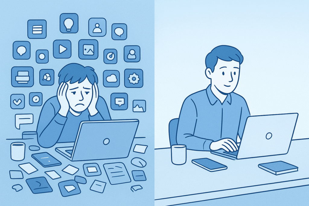Stop AI overwhelm with organized workspace showing cluttered vs clean desk comparison